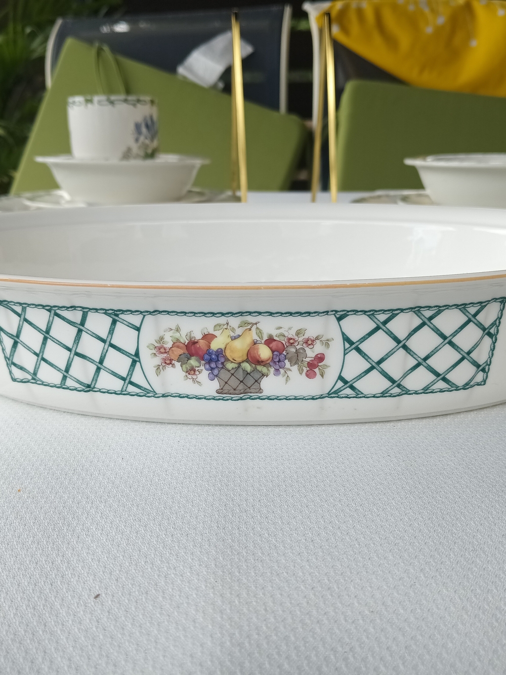 Oval Villeroy And Bosch Serving Bowl with Green Lattice and Fruit Basket Motif